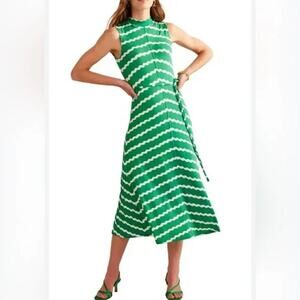Boden Womens Green White Wavy Stripe A-Line Belted Jersey Midi Dress US 10